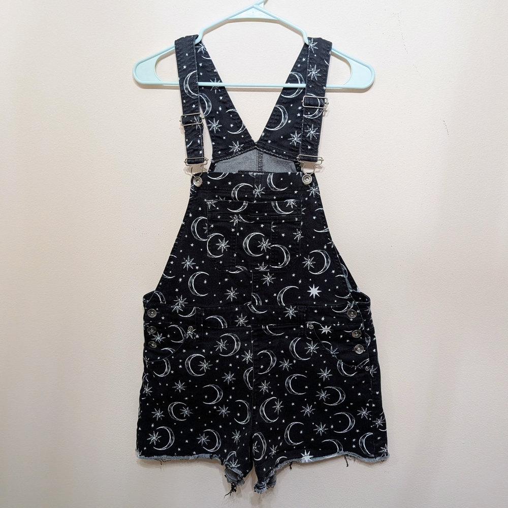 Celestial Moon & Star Black Denim Short Overalls